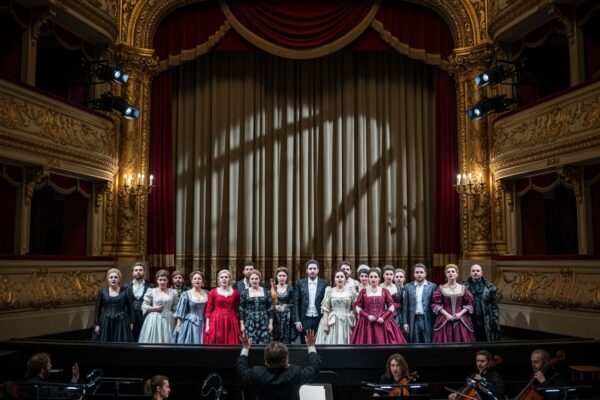 Režisér vedie orchester pri skúške na opernej scéne s hercami v kostýmoch v historickom divadle.