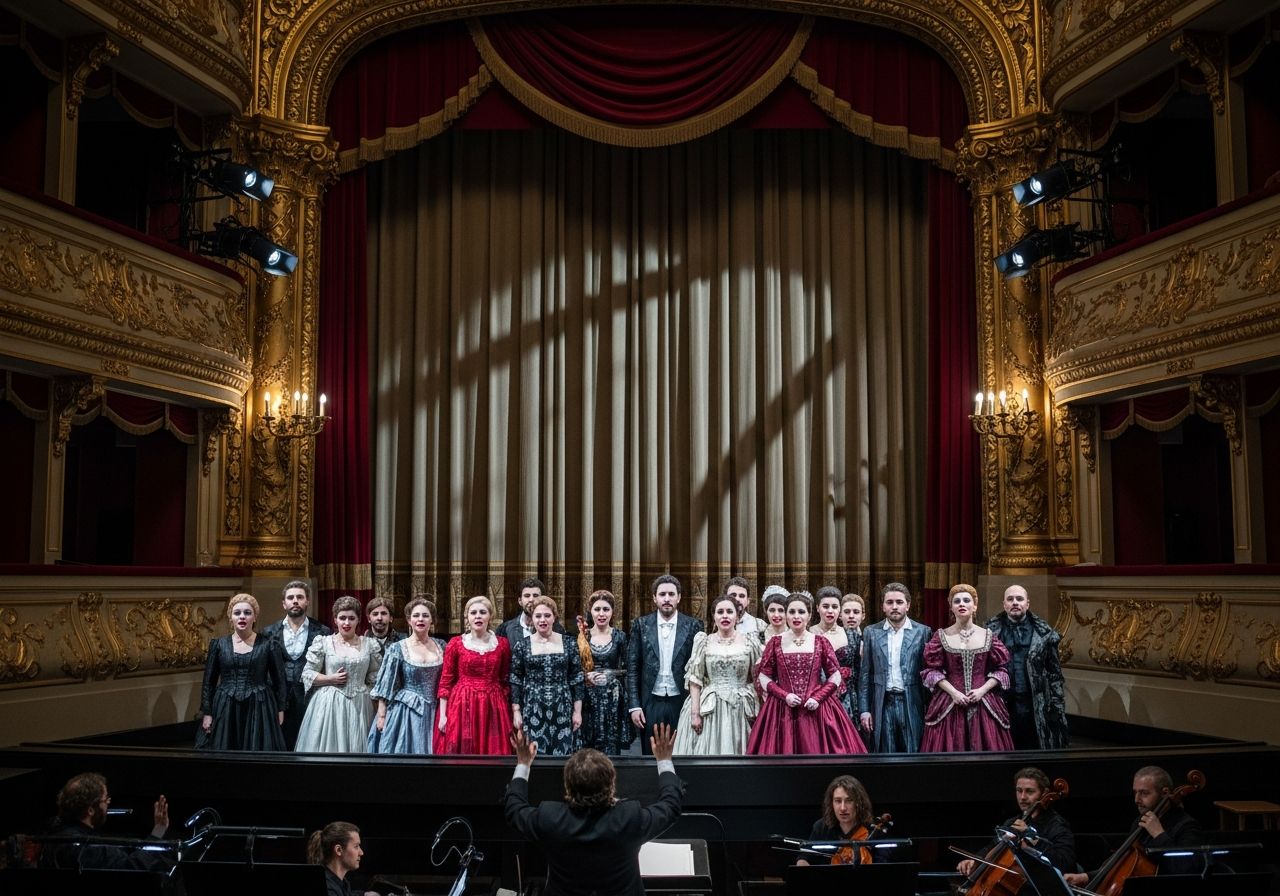Režisér vedie orchester pri skúške na opernej scéne s hercami v kostýmoch v historickom divadle.