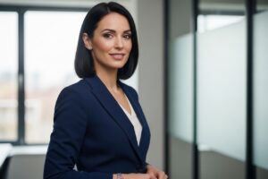 profesionálna obchodná žena v modrom obleku stojaca v modernom kancelárskom prostredí