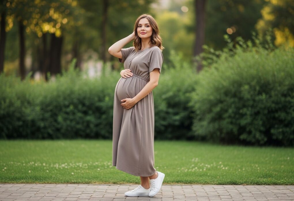 Tehotná žena v pohodlnom tehotenskom oblečení v parku, uvoľnená póza, prírodné svetlo.