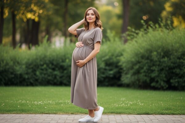 Tehotná žena v pohodlnom tehotenskom oblečení v parku, uvoľnená póza, prírodné svetlo.