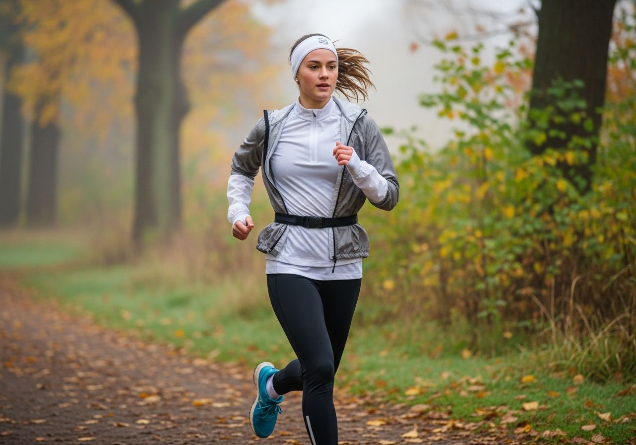 Mladá atletická žena beží v parku na jeseň v ľahkej bežeckej výbave pri teplote okolo 10 stupňov.