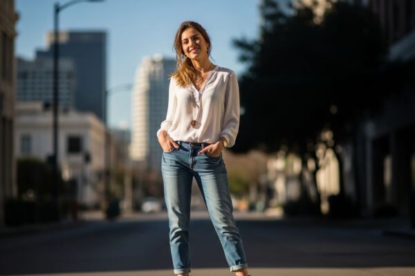 mladá žena v boyfriend džínsach a bielej blúzke stojaca na slnečnej mestskej ulici počas dňa