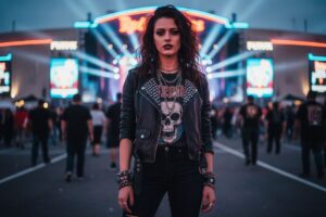 Mladá žena v kožené bunde stojí pred koncertnou halou za súmraku so živou atmosférou okolo.